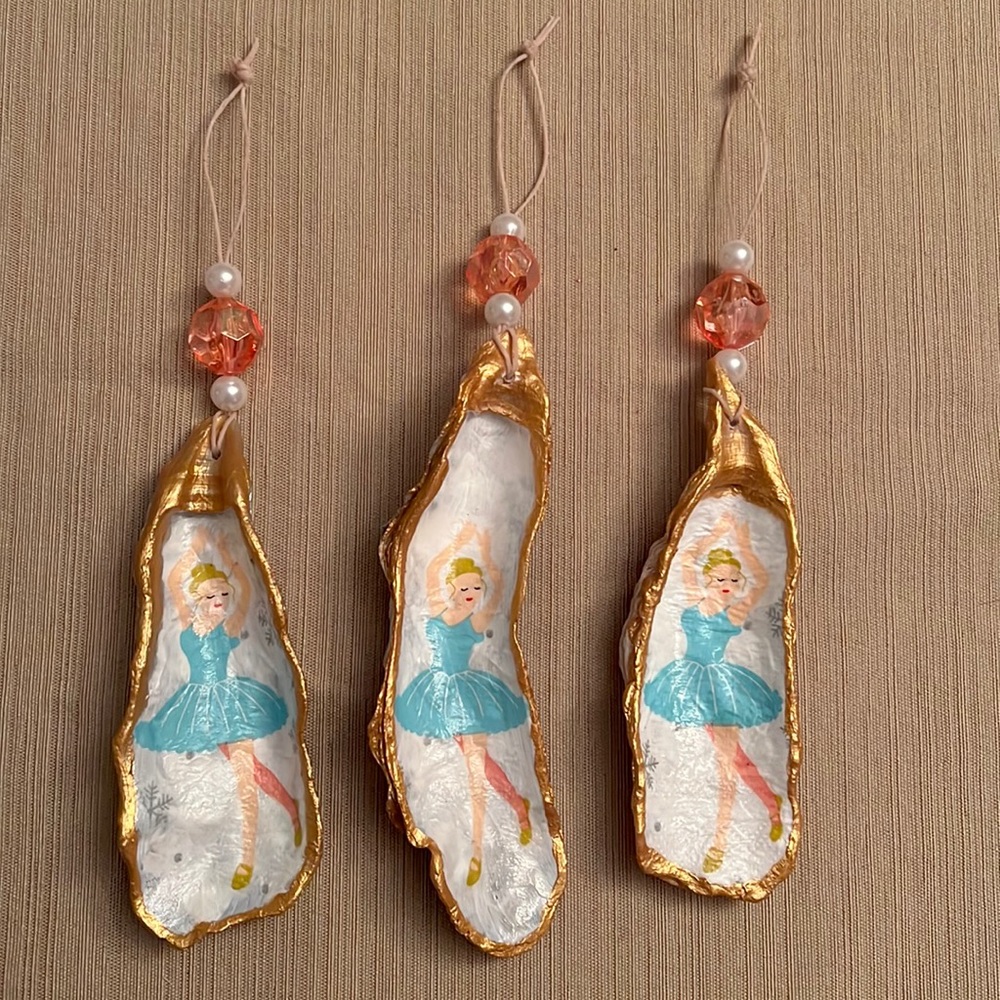 Set of 3 handmade oyster shell ballerina ornaments
